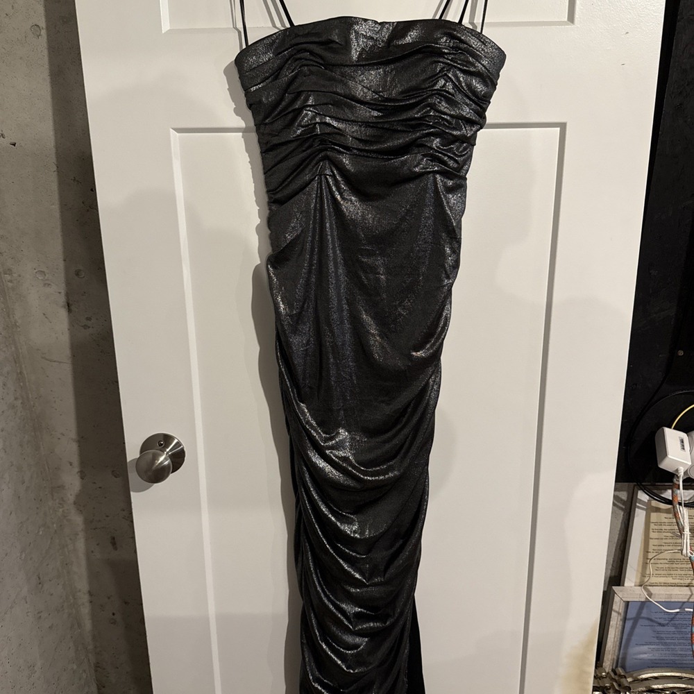 Morning Mist Womens Shiny Silver Ruched Bodycon Cocktail Maxi Dress Size 10